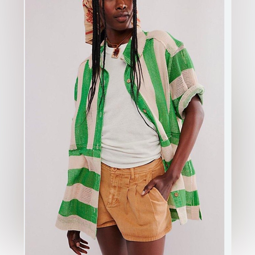 Free People We The Free Del Mar Cabana Shirt Open Knit Green Stripe XS Oversized